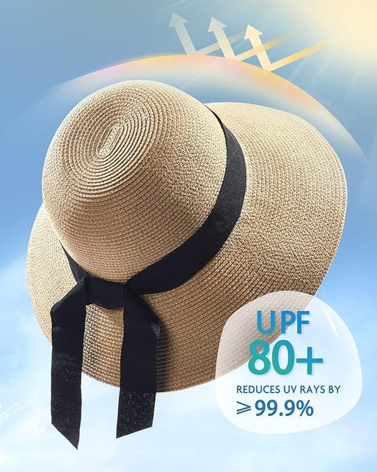 FURTALK Womens Beach Sun Straw Hat UV UPF 80+ Travel Foldable Brim Summer UV Hat