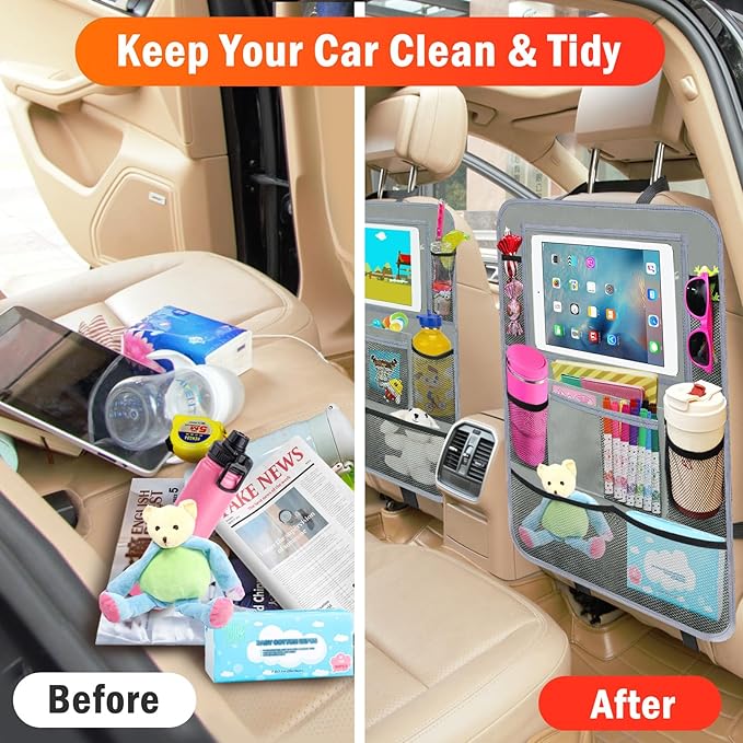 Car Backseat Organizer ,2 Pack Car Organizer Back Seat with 11" Tablet Holder, 10 Storage Pockets Seat Back Protectors Kick Mats for Kids Toddlers, Travel Accessories (Grey)