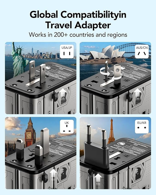 Mfish Universal Travel Adapter, 75w 5-Port International Plug Adapter, 1 USB-A, and 3 USB-C, Worldwide Wall Charger for EU/UK/AUS/CN Compatible with Over 200 Countries, Grey