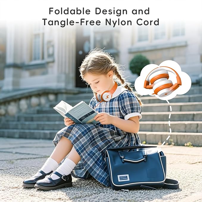 Kids Headphones, Wired Headphones for Kids Over Ear with Microphone, 85/94dB Volume Limiter Headphone for Girls Boys, Foldable Headphone for Learning & Entertainment, White and Orange