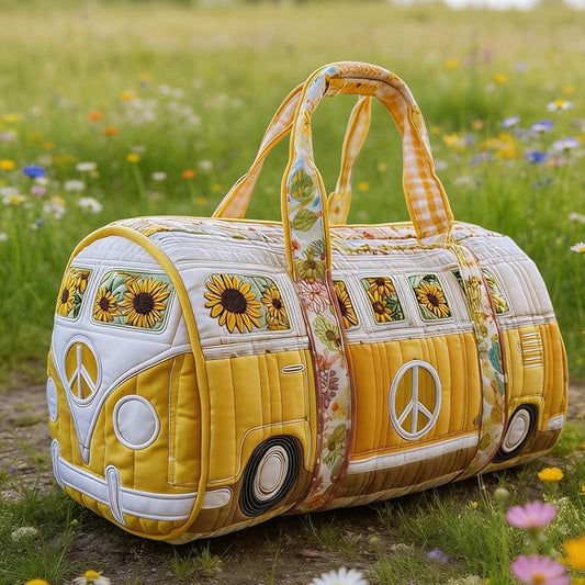 Hippie Journey Quilted Duffel Bag Hippie Van Travel Duffel Bag Vintage Floral Weekender Overnight Bags Women Gym Bags
