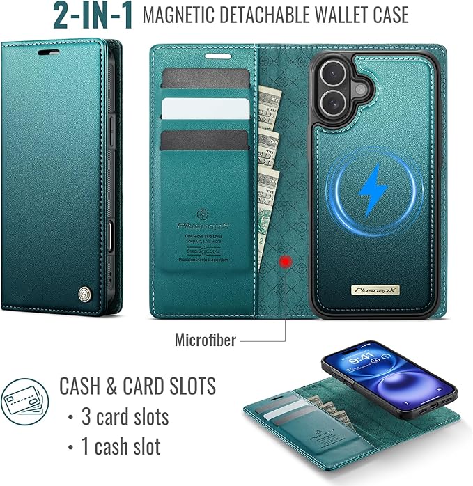 PlusnapX Wallet Case for iPhone 17 Compatible with Magsafe, 2-in-1 PU Leather Flip RFID Blocking Card Holder Stand Shockproof Magnetic Detachable Cover for iPhone 17 Case 6.3", Bluegreen