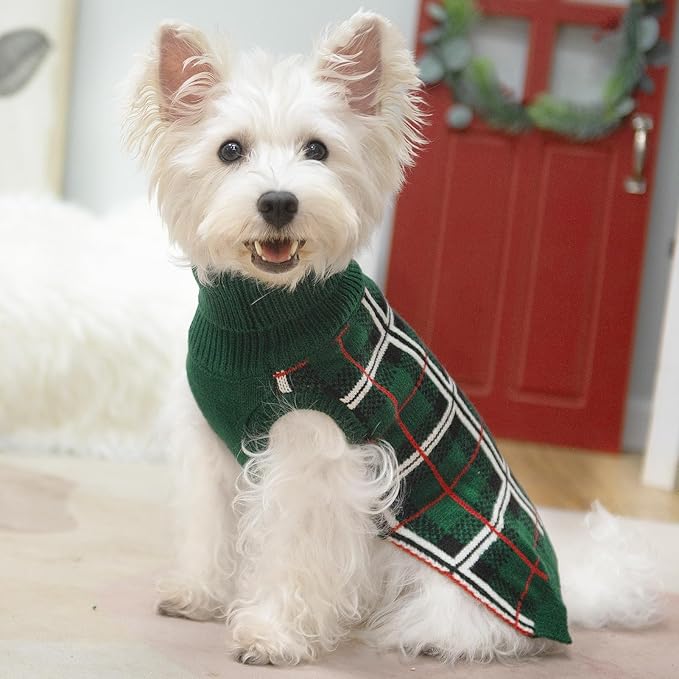 PUPTECK Dog Sweaters for Large Medium Small Dogs - Fall Classic Plaid Style Puppy Holiday Winter Coat Clothes Warm, Green, ML