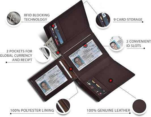 Real Leather Mens Trifold Wallet RFID Blocking Slim Minimalist Front Pocket - Thin & Stylish with ID Window in Gift Box