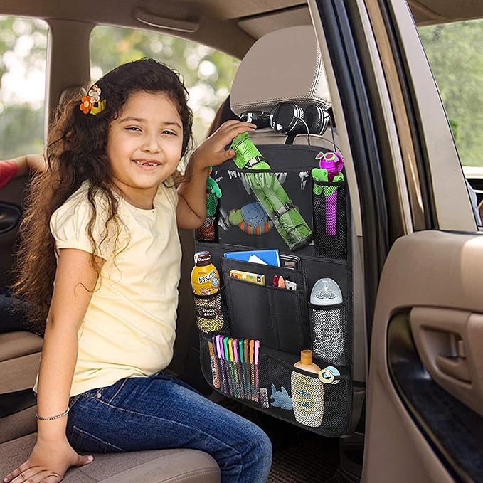Car Backseat Organizer with 10" Table Holder, 9 Storage Pockets Seat Back Protectors Kick Mats for Kids Toddlers, Travel Accessories, 2 Pack