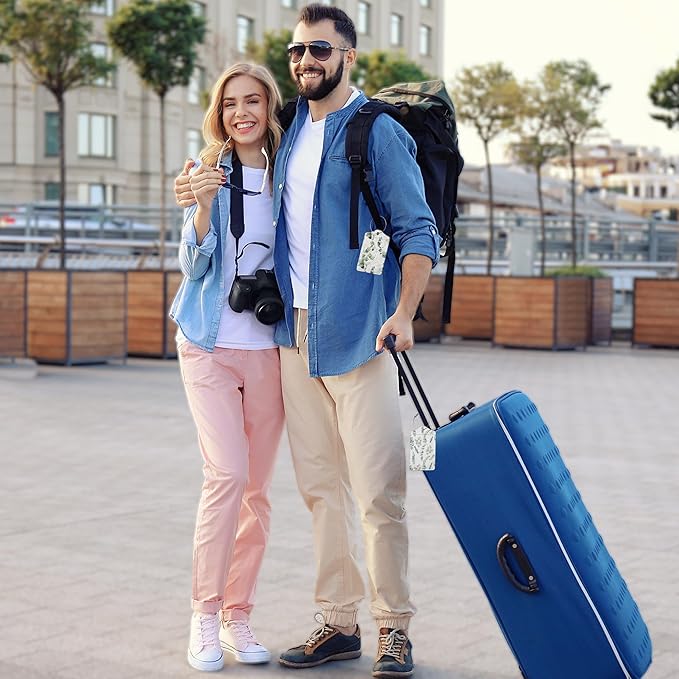 2 Pack Leather Luggage Tag for Suitcase Green White Eucalyptus Leaves Unique Travel Tags with Privacy Cover ID Label & Stainless Steel Loop for Men and Women Baggage