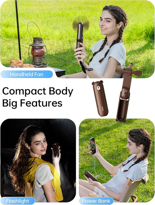 JISULIFE Handheld Fan with 4500 mAh Powerbank Max 37 Hours Runtime, Pocket Portable Battery Operated or USB Powered Folding Personal Fan, 3 Speeds, Gifts for Women Men Kids Gift for Festival-Brown
