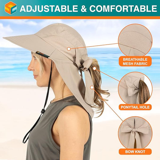 SUN CUBE Wide Brim Sun Hat with Neck Flap, UPF50+ Hiking Safari Fishing Hat for Men Women, Sun Protection Beach Hat