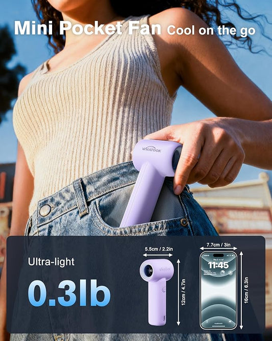 WHATOOK Mini Pocket Fan Portable Handheld Fans,3000mah Small Rechargeable Turbo Personal Fan Travel Essential Outdoor Activities Beach Vacations Camping Gifts for Women face makeup skincare(Purple)