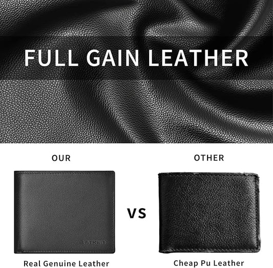 LATKWO Mens Wallet - Genuine Leather Bifold RFID Blocking Slim Front Pocket Large Capacity with 10 Card Slots, 2 ID Windows & 2 Cash Pockets - Heavy Duty Stitched Gift for Men (Black)