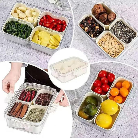 Snackle Box Container,Portable Snack Containers,SnackleBox 4 Compartments,Portable Snack Platter,Clear Organizer for Fruits Snacks Trays,Nuts Candy Trays and Spice Organizer