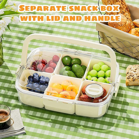 Divided Serving Tray with Lid and Handle, Portable Snackle Box Charcuterie Container,6 Compartments Snack Containers, Veggie Tray Fruit Tray Candy Organizer,Perfect for Party, Beach