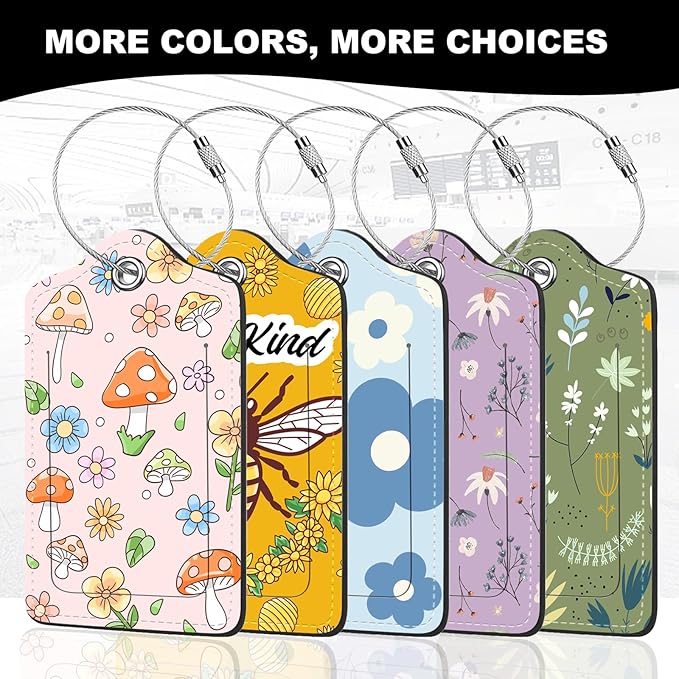 2Pack Luggage Tags for Suitcases, Cute Unique Pu Leather Cruise Luggage Tag with Privacy Cover ID Label Address Card and Metal Ring Suitable for Women Men Kids Travel Bag Pink Flowers and Butterflies