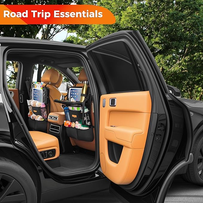 SURDOCA Backseat Car Organizer with Foldable Tray for Kids & Adults – NEW MODEL Seat Storage with Touchable Tablet Pocket, Roadtrip Essentials – Fits Most Vehicles