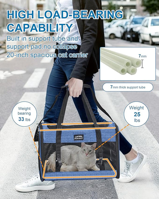 Soft-Sided Large Cat Carrier for 2 Cats, Spacious Foldable Pet Travel Carrier for Large Cats up to 25 Lbs, Double Cat Bag with Shoulder Strap, 20x13x13 Inch, Fits Maine Coon and Small Dogs, Blue