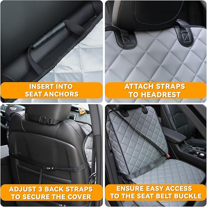 Waterproof Car Front Seat Cover for Dogs, PU Leather Car Seat Protector for Pets,Nonslip Scratchproof Front Passenger seat Covers Fits for Cars, Trucks, SUVs (Grey, Front Seat Cover)