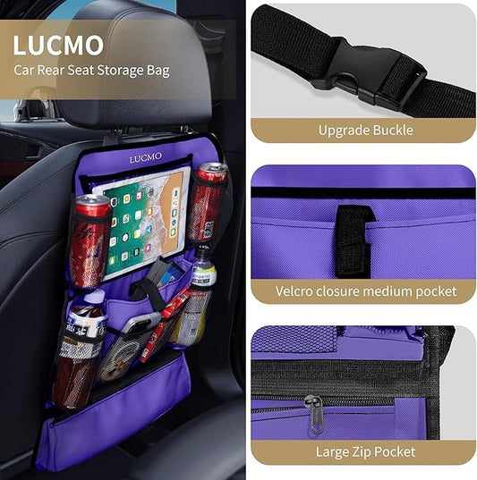 LUCMO Car Backseat Organizer with Touch Screen Tablet Holder-2 Pcs,9 Storage Pockets Car Storage Organizer Protectors Kick Mats Travel Accessories for Kids-Purple