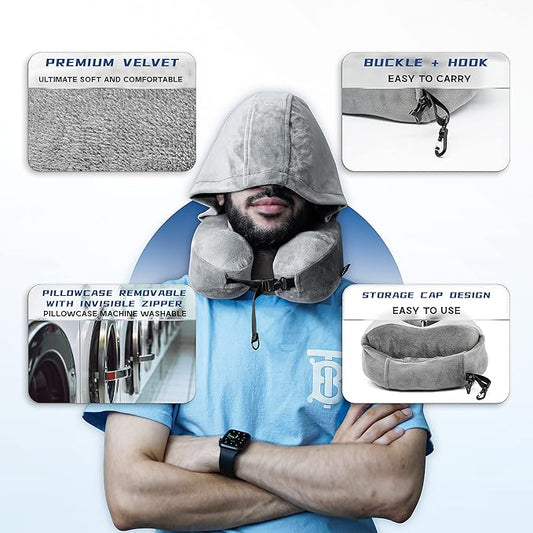 Hoodie Travel Pillow Memory Foam Neck Pillow Head Chin Support Airplane, Car, Office & Home Sleep Rest Traveling Pillow(Gray,M)