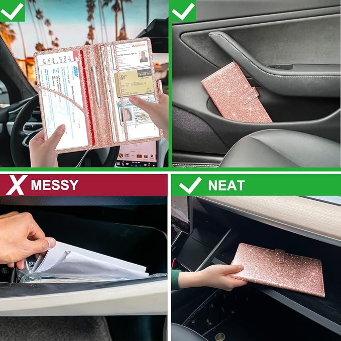 RSAquar Car Registration & Insurance Holder, Vehicle Glove Box Organizer, Cool Accessories for ID, Driver License Cards & Essential Documents, Glitter Rose Gold