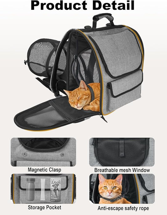 Expandable Cat Carriers for Cats and Small Dogs,Travel Bag with Breathable Mesh Windows, Anti-Escape Leash, Soft Cushion and Lightweight Design,Gray Orange