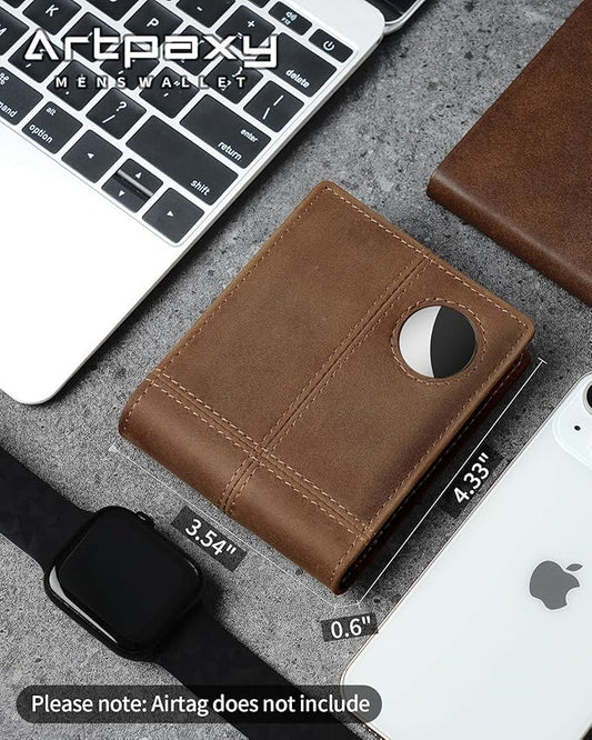 Mens Wallet With AirTag Holder, Bifold Leather RFID Blocking 1-2 ID Windows 12-13 Card Holders, Gift Box and Screen Protector Included, AirTag Not Included