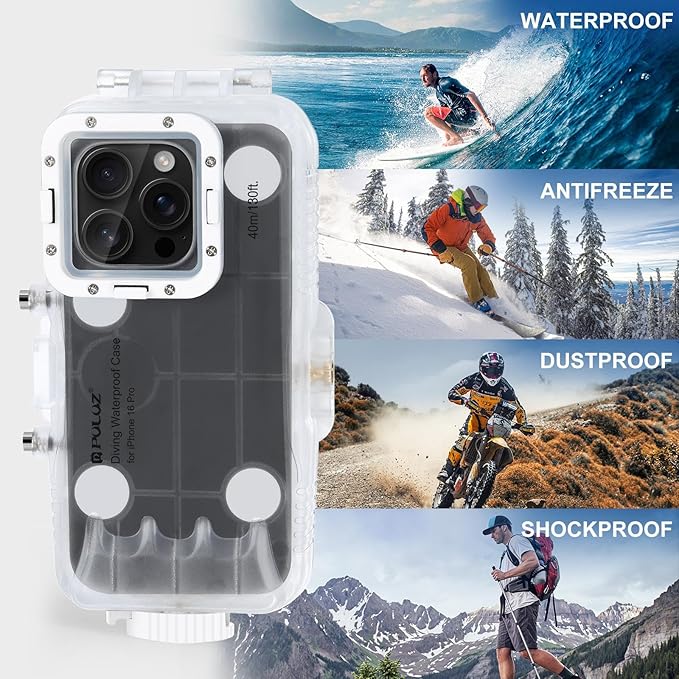 PULUZ Diving Phone Case for iPhone 16 Pro, 130ft/40m Professional Diving Snorkeling Swimming Surfing Underwater Housing Cover for iPhone 16 Pro, Photo & Video Shooting