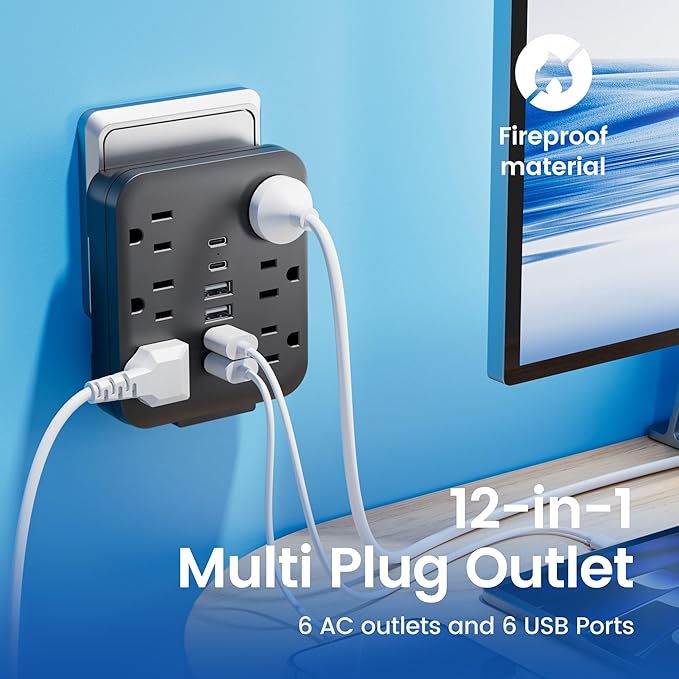 Multi Plug Wall Outlet Extender with USB Ports: 6 AC Outlets, 6 USB Ports (2 USB C), Wall Plug Power Strip, USB Plug Adapter for Wall Outlet, Outlet Splitter for Home Office Travel Cruise, Black