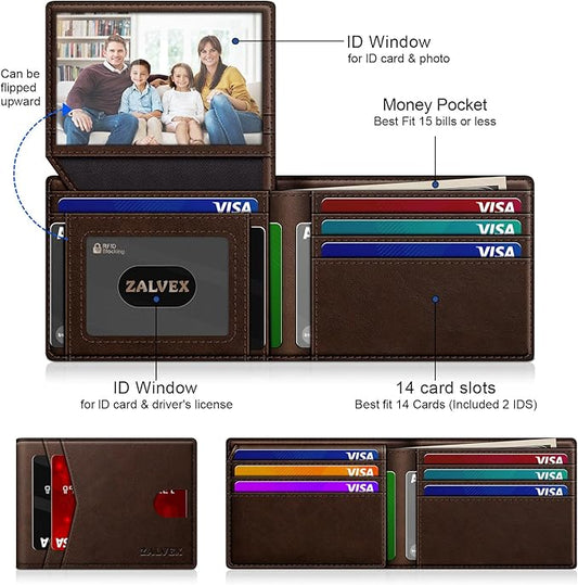 Wallet for Men Slim RFID Blocking Leather Credit Card Holder Wallet for 14 Cards, Bifold Minimalist Thin Wallet with 2 ID Windows & Cash Slot, Front Pockt Carteras Para Hombres, Birthday Gifts for Men