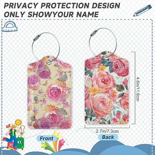 2 Pack Luggage Tag for Suitcase,Retro Flower Rose Leather Suitcase Tags Identifiers with Privacy Name Address Labels and Durable Steel Loop for Women Men Travel