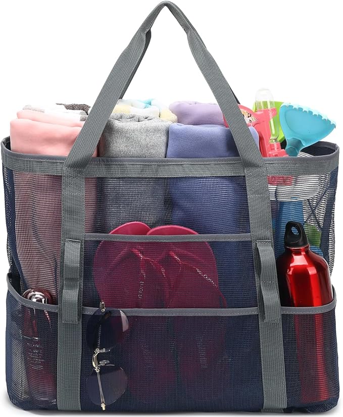 Mesh Beach Bag, Large Beach Tote with Zipper Pocket for Family Pool Bag for Toys & Vacation Essentials