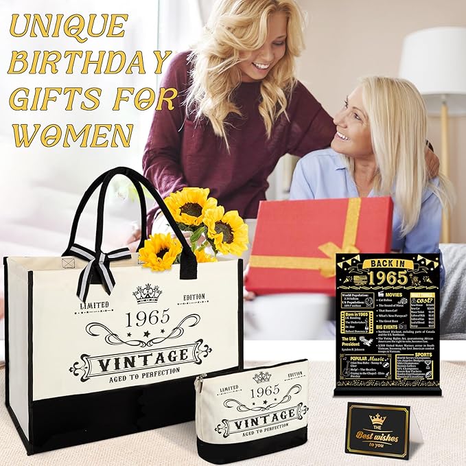 60th Birthday Gifts for Women Canvas Tote Bag Travel Gear, Unique 60 Years Old Gifts for Wife Sister Mom Aunt Friends Her, Vintage 1965 Handbag & Cosmetic Bag & Back in 1965 Poster
