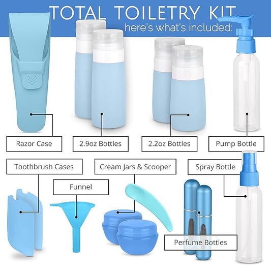 Travel Size Toiletry Bottles, Kit of 16 - TSA Approved Toiletries Essentials for Flying - Silicone Containers, Squeeze Bottles and Accessories for Shampoo, Conditioner, Liquids, Perfume, Blue