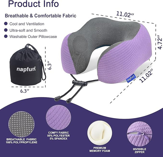 napfun Neck Pillow for Traveling, Upgraded Travel Neck Pillow for Airplane 100% Pure Memory Foam Travel Pillow for Flight Headrest Sleep, Portable Plane Accessories, Striped Light Purple Set
