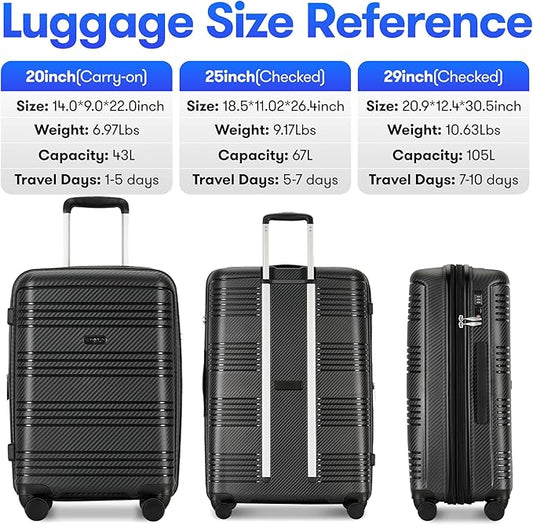 GinzaTravel 3 Piece Expandable Luggage Sets PP Hardshell Lightweight Suitcase sets with Spinner Wheels STSA Lock, 20/25/29inch, Black
