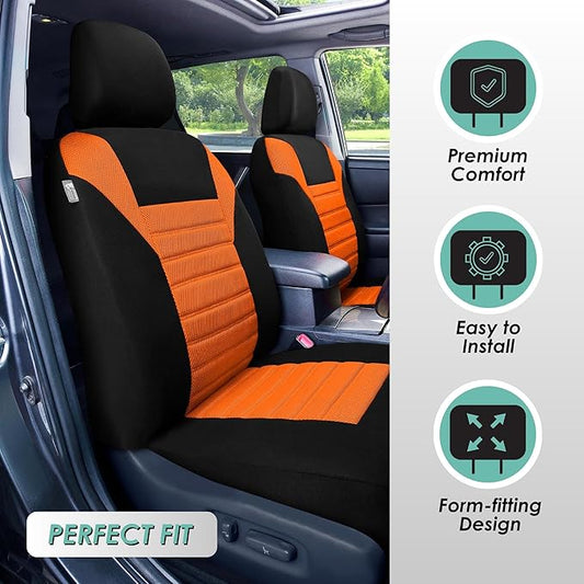FH Group Automotive Car Seat Covers Full Set Premium 3D Air Mesh Front Seat Covers, Airbag Compatible & Split Bench Cover Universal Fit Interior Accessories for Cars Trucks and SUVs - Orange