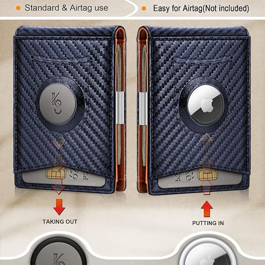 KS Mens Wallet Gift Airtag or Standard Use,Slim Front Pocket Leather Wallet Money Clip 11 cards RFID Blocking