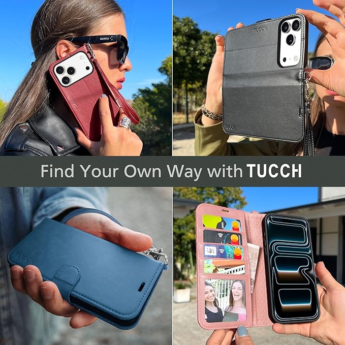TUCCH Wallet Case for iPhone 17 Pro (6.3") 2025, Wrist Strap RFID Blocking 4 Card Slots, Kickstand, Shockproof TPU Shell, PU Leather, Magnetic Closure, Protective Flip Folio Cover, Black