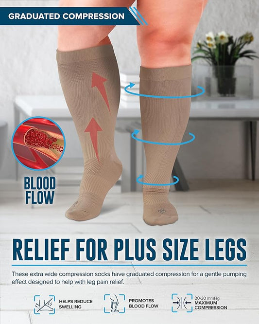 Doctor's Select 3 Pairs Plus Size Compression Socks Wide Calf - Up to 6XL | 20-30 mmHg Compression Socks for Women Wide Calf | Tan-XXL