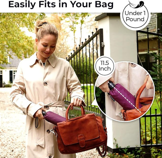 TUMELLA Strongest Windproof Travel Umbrella (Compact, Superior & Beautiful), Small Strong but Light Portable and Automatic Folding Rain Umbrella, Durable Premium Grip, Fits Car & Backpack