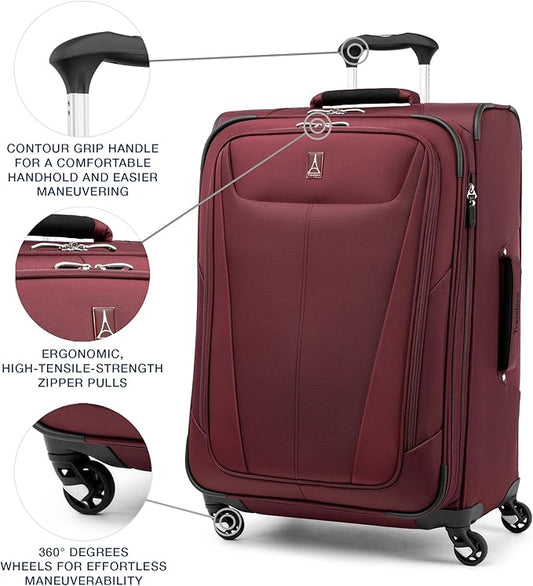 Travelpro Maxlite 5 Softside Expandable Checked Luggage with Spinner Wheels, Lightweight, 25-Inch — Burgundy