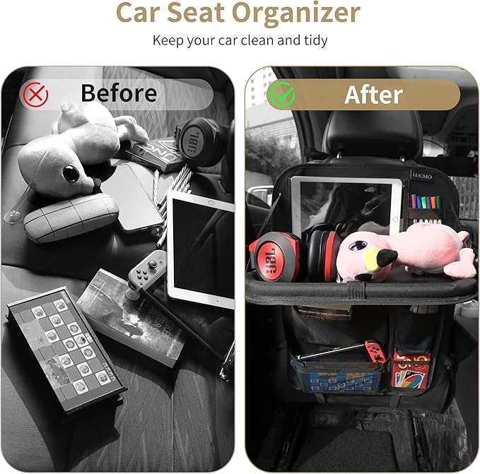 LUCMO Car Backseat Organizer with Tablet Holder,6 Storage Pockets Car Storage Organizer with Foldable Food Tray,Protectors Kick Mats Travel Accessories-Black