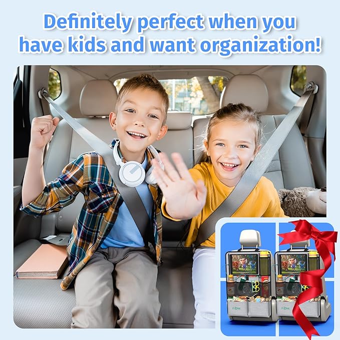 Car Backseat Organizer with Tablet Holder,11 Storage Pockets with Foldable Food Tray, Protector Kick Mats for Kids, Travel Accessories Organizer (Gray, 2Pack)