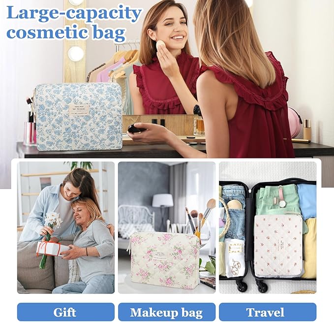 Floral Makeup Bag, Small Cosmetic Bag for Women Girls, Cute Cotton Makeup Bag, Quilted Makeup Bags, Flower Travel Toiletry Organizer Bag(LSHH)