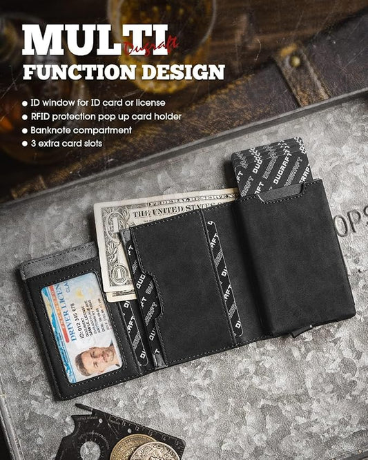 DUGRAFT Mens Wallet for Max.11 Cards with Pop Up Credit Card Ejector Case RFID Blocking, Bills/Cash Compartment and ID Window, Giftbox Packed, Black