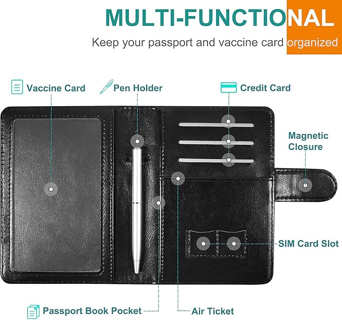 RSAquar Unisex Faux Leather Passport and Vaccine Card Holder Combo, Black, Slim and Lightweight with RFID Blocking Technology