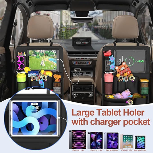 Backseat car Organizer with Touch Screen,2PACK of car organizer Kick Mats Back Seat Protector with 10pcs Storage Pockets,Car Seat Back Organizers Storage for Kids road trip essentials