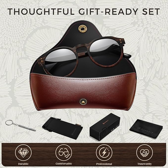 SUNGAIT Black Oak & Dark Ebony Wood Sunglasses Womens Polarized Round UV400 Protection Retro Vintage Gift-ready Case Included