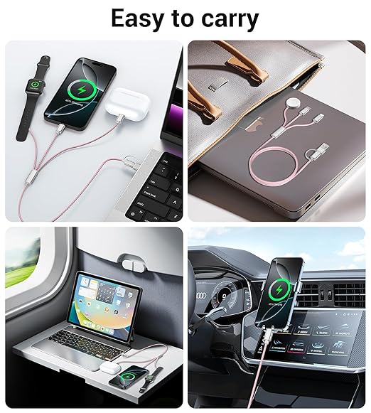 Temdan for Travel Vacation Essentials,3 in 2 USB C Cable for Apple Watch Charger/iPhone 17 Charger/Lightning,Multi Charging Cable Cord,Camping Essentials,Designed for iWatch &iPhone 16-12-5FT Pink
