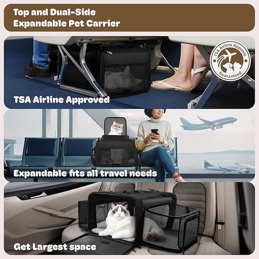 Top and 2 Sides Expandable Large Cat Carrier 18x13.5x9.5, TSA Airline Approved Dog Carriers for Large Dogs, Soft-Sided Pet Carrier with Self-Locking Zippers for Kitten,Rabbit, Puppy, Guinea Pig Black