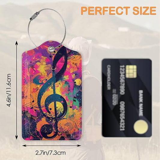 Retro Neon Treble Clef Pop Art PU Leather Luggage Tags for Suitcase, Travel Cruise 3 Pack with Privacy Flap, Name ID Label and Metal Loop for Women Men Girls Baggage Bag Backpack